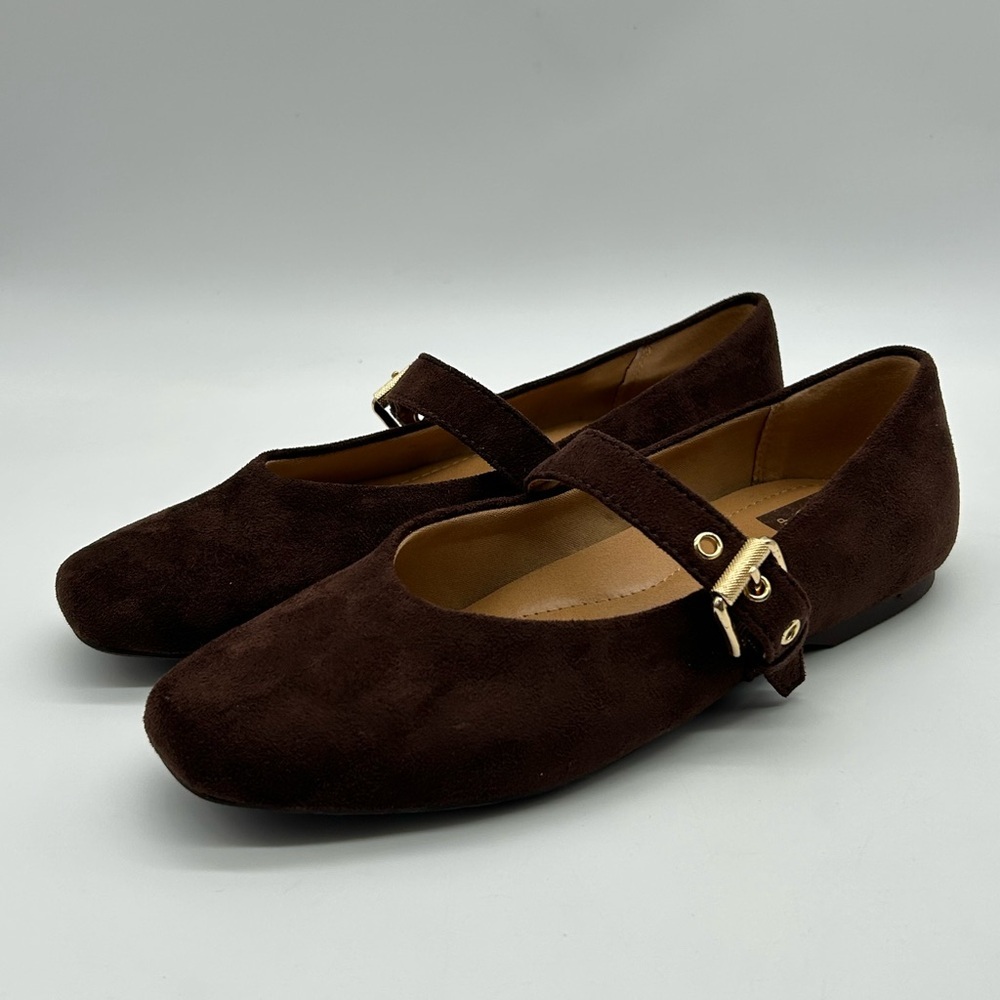 DV by Dolce Vita Mauryce Brown Faux Suede Mary Jane Flats Gold Buckle 6.5 NWB - Picture 5 of 11